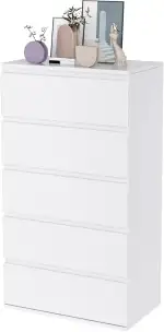 FOREHILL Kommode weiß mit 5 Schubladen Schubladenschrank schmal für Schlafzimmer Flur Wohnzimmer 55x33x100cm