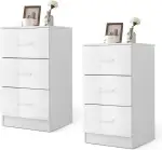 COSTWAY 2er Set Nachttisch mit 3 Schubladen, Hochglanz Nachtschrank, Nachtkommode für Boxspringbett, 37 x 34 x 66,5 cm, weiß