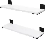 Aimato Wandregal 60cm 2er Set, Massivholz Hängeregale mit Stahlwinkel, 15kg Tragkraft Dekor-Regal für Wohnzimmer/Schlafzimmer/Büro-Weiß & Schwarz