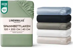 LINENWALAS Spannbetttuch aus 100% Bio-Bambus Seide 120x200 cm, Tiefe Tasche bis 