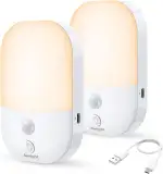 Suright Nachtlicht mit Bewegungsmelder, [2 Stück] Aufladbar Typ-C LED Nachtlicht 5 Helligkeit Einstellbare 3 Modi (AUTO/AUS/EIN), 2800K Warmweiß LED Nachtlampe für Schlafzimme, Gang, Treppe, Küche