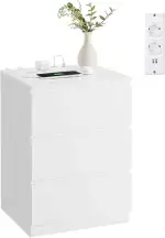 VASAGLE Kailyn Kollektion - Nachttisch mit Steckdosenleiste, Beistelltisch, 3 Schubladen, 2 AC-Steckdosen, 2 USB-A-Anschlüsse, modern, wolkenweiß LET631W14