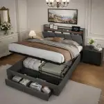Boxspringbett Polsterbett 140x200cm mit Stauraum, Hydraulisch Stauraumbett mit Bettkasten und 2 Schubladen, Doppelbett mit LED und USB, Jugendbett mit Lattenrost, Leinen, Dunkelgrau (140x200cm)