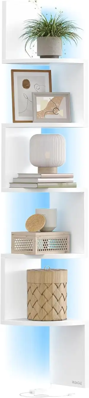 VASAGLE Eckregal mit LED-Beleuchtung, Wandregal 5 Ebenen, Schweberegal für Büche