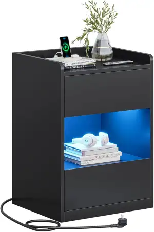 AOGLLATI Nachttisch mit LED-Beleuchtung und Ladestation, Nachtschrank mit 2 Schu
