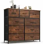 DUMOS Kommode mit Schubladen - Kommoden & Sideboards für Schlafzimmer Geeignet, Komodenschrank mit 9 Schubladen, Stoffkommode mit Stabilem Stahlrahmen, Ideal für Schlafzimmer, Wohnzimmer(Vintagebraun)