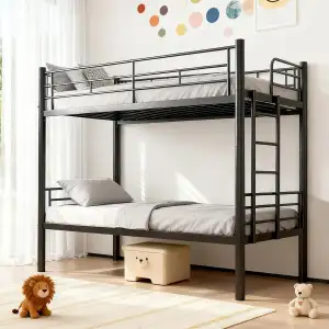 Etagenbett 90x200, Stockbett Metall, Bunk Bed mit SchutzgeläNder und Zugangsleitern, Umbaubar in 2 Einzelbetten, Hochbett Platzsparendes für Kinder Jugendliche und Erwachsene (Schwarz)