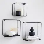 Kazai. Wandregal-Set -Jona- | 3-Teiliges Hängeregal aus Metall und Echtholz-Veneer | Wanddeko und Ablage für Bad, Wohnzimmer, Küche, Schlafzimmer und mehr | Schwarz matt