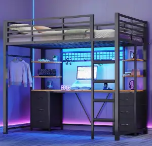 AOGLLATI Hochbett 90x200 cm mit Integriertem Schreibtisch Jugendbett Etagenbett 