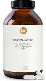 SUNDAY NATURAL® Magnesiumcitrat Kapseln - 365 Kapseln – Pro Tagesdosis 360 mg reines Magnesium ohne Zusatzstoffe - Premium Magnesium Citrate – Laborgeprüft, vegan, ohne weitere Zusätze