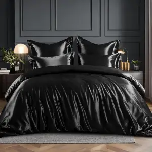 RUIKASI Satin Bettwäsche 200x200 Schwarz - Seidig Luxus Bettbezug mit Glanz wie 