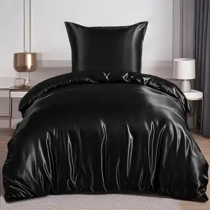RUIKASI Satin Bettwäsche 135x200 Schwarz - Seidig Luxus Bettbezug mit Glanz wie 