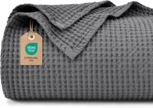 PHF 100% baumwolle waffledecke Kuschedecke 150x200cm, leicht & atmungsaktiv, perfekt für das ganze Jahr - OEKO-TEX® zertifiziert - Hotelwäschequalität - Ideal für Sofa Couch Bett, Anthrazit