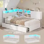 KIMENICH Polsterbett Schlafsofa 90x200 mit LED-Beleuchtung, Ladestation, Tagesbett, Jugendbett mit 2 Schubladen und Lattenrost aus Metall, Kopfteil mit Stauraum, Offene Regale, Schrank, Weiß