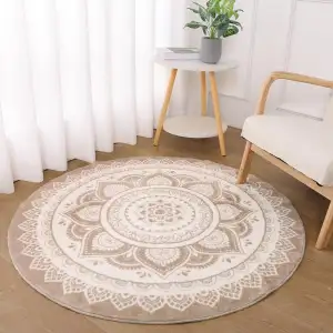 SHACOS Boho Teppich Rund, 120 cm, Kurzflor, Waschbar, Anti Rutsch, Wohnzimmertep