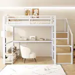 Metall Hochbett 140x200 mit Schreibtisch, Regalen und Aufbewahrungstreppe, Betten mit Lattenrost,...