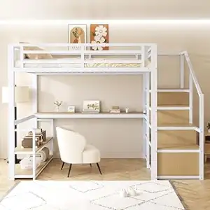 Metall Hochbett 140x200 mit Schreibtisch, Regalen und Aufbewahrungstreppe, Betten mit Lattenrost,...