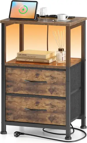 Yornoli Nachttisch mit LED & Ladefunktion, Beistelltisch mit Schublade, Nachttis