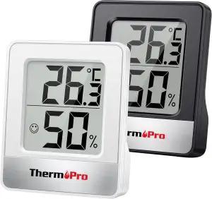 ThermoPro TP49 digitales Mini Thermo-Hygrometer 2er Set Innen Thermometer Hygrometer Temperatur und Luftfeuchtigkeitmessgerät mit Raumklima-Indikator für Raumklimakontrolle, Schwarz+Weiß