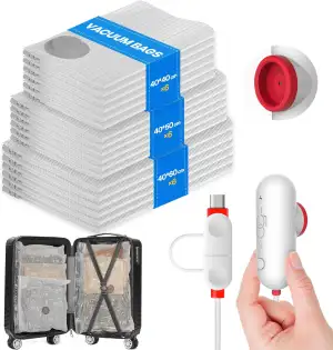 Vacbird Vakuumbeutel für Kleidung mit Kompakter USB-Pumpe, 18 reisetaugliche Kle