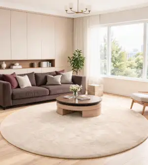 Teppich Rund 90 cm Beige, Flauschiger Kunstfell Teppich in Kaninchenfell-Optik, 