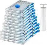 Amazon Basics Vakuumbeutel für Kleidung mit Luftdichtem Ventil und Handpumpe - Mehrere, 3 x Jumbo, 3 x Groß, 3 x Mittelgroß, 3 x Klein, 12er-Pack, Reißverschluss, Durchsichtig