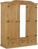 Kleiderschrank Holz – Mexico Kleiderschrank mit 3 Schubladen – B157xH193xT57cm – Massivholz Kiefer Natur – Garderobenschrank Mit Spiegel – Schwebetürenschrank – Schlafzimmerschrank – Flurschrank