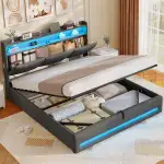 AOGLLATI Polsterbett 140×200 mit Steckdosen und LED-Beleuchtung, Doppelbett mit Stauraum Kopfteil, Bett 140×200 mit Hydraulische Stauraum und Lattenrost aus Holz, Linen, Dunkelgrau（Ohne Matratze）