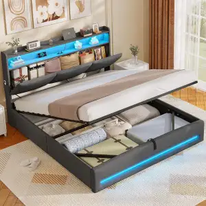 AOGLLATI Polsterbett 140×200 mit Steckdosen und LED-Beleuchtung, Doppelbett mit 