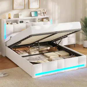 AOGLLATI Polsterbett 140×200 mit Steckdosen & LED Beleuchtung, Doppelbett mit St