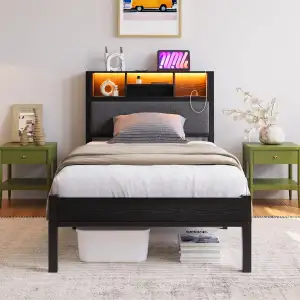 Bett 90x200 cm Einzelbett, Metall Bettgestell mit LED und Ladestation, Bettgeste