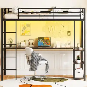 COSTWAY Hochbett mit Schreibtisch 90x200cm, Etagenbett mit LED-Beleuchtung, Lade