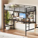 Hochbett 90x200cm, Hochbett mit Schreibtisch und Regalen Stauraum, Hochbett Metall mit Sicherheit...