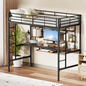 Hochbett 90x200cm, Hochbett mit Schreibtisch und Regalen Stauraum, Hochbett Metall mit Sicherheit...