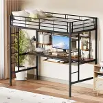 Hochbett 90x200cm, Hochbett mit Schreibtisch und Regalen Stauraum, Hochbett Metall mit Sicherheit...