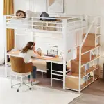 Su & Chan Legence Hochbett 90 x 200cm und 140 x 200cm, Etagenbett mit Schreibtisch, Stauraum, Metallbett mit LED, Steckdosen und Stoffschubladen, Ohne Matratze, Weiß