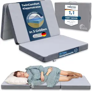 TwinComfort Klappmatratze 2 Härtegrade, 3-teilig faltbar mit Tragetasche, Gästeb