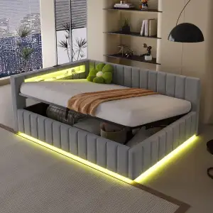 Polsterbett Schlafsofa 140x200, Doppelbett mit Hydraulischem Stauraum, mit LED-L
