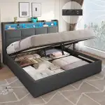 DICTAC Polsterbett 180x200 mit Bettkasten, LED Beleuchtung und Ladestation Doppelbett 180x200cm mit Hydraulisch Stauraum und Kopfteil,Leinen Bettgestell 180x200 mit Lattenrost-ohne Matratze,Dunkelgrau