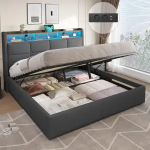 DICTAC Polsterbett 180x200 mit Bettkasten, LED Beleuchtung und Ladestation Doppe