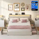 VASAGLE Doppelbettgestell, Bettgestell, 140 x 200 cm, LED, Metallbett, 4 Schubladen, Ladestation, verstellbares gepolstertes Kopfteil, cappuccinobeige RMB827LH01