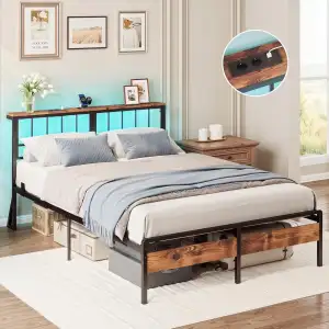 IRONCK Bettgestell 140x200, Bett mit LED-Beleuchtung und Ladestation(Steckdosen,