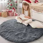 Homaxy Hochflor Flauschig Teppich Anti-Rutsch Unterseite Waschbar Teppiche fürs Wohnzimmer, Kinderzimmer, Schlafzimmer - 120 cm Rund, Dunkelgrau
