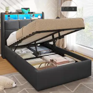 DICTAC Polsterbett 90x200 mit LED Beleuchtung und Steckdosenleiste Jugendbett 90