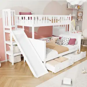 Mrwoo Kinderbett 140x200 cm, Etagenbett mit Rutsche, Stauraumbett mit 2 Schublad