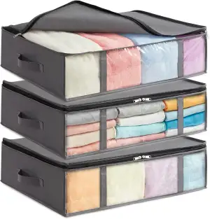 Lifewit 3 Stück 40L Unterbett Aufbewahrungsbox, Faltbare Unterbettkommode Aufbewahrungstasche Storage Boxes mit Deckel, Unterbett Aufbewahrung für Kleider Unterbett Kleiderschrank, Grau