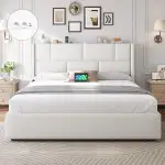 Brinlawb Polsterbett 180x200 cm mit hydraulischem Bettkasten und höhenverstellbarem Kopfteil, Ladestation (2 AC-Steckdosen, 1 USB-A, 1 USB-C Anschluss) Doppelbett 180x200 mit Stauraum Bettgestell Weiß