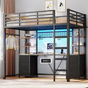 AOGLLATI Hochbett 90x200 mit Schreibtisch 35.5x200cm,Jugendbett Etagenbett mit Ladefunktion, 6 gr...