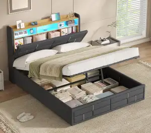 Bett 140X200 mit LED Beleuchtung, Hydraulisches Stauraumbett 140x200 cm, Polster