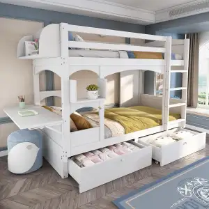 LAKFEW Etagenbett Doppelbett 90x200 cm für 2 Kinder, Kinderbett Hochbett mit Treppe, Stauraum und 2 Schubladen, Holzbett mit Ablagekorb und Rausfallschutz, Bett mit Lattenrost, Ohne Matratze, Weiß